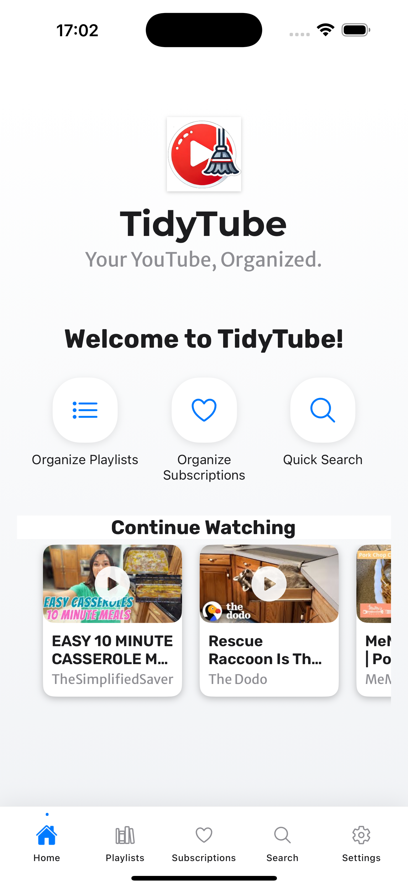 TidyTube Home Screen